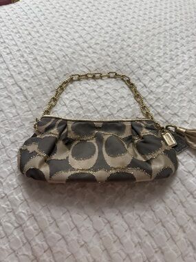 Coach Gray and Gold Signature Chain Wristlet Clutch